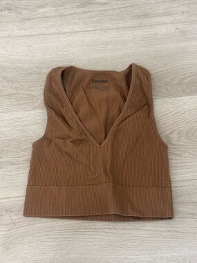 Garage Brown Ribbed V-Neck Crop Tank